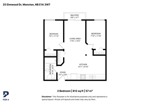 Floor plan for 2 beds, 1 bath, 612 sqft